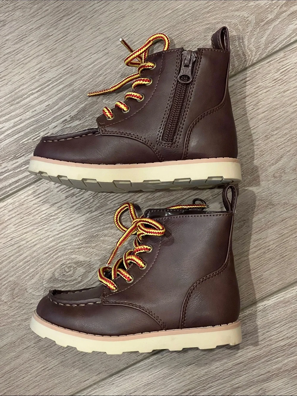 Cat & Jack Greyson Brown Lace-Up Ankle Boots with Yellow-Orange Laces Side Zip